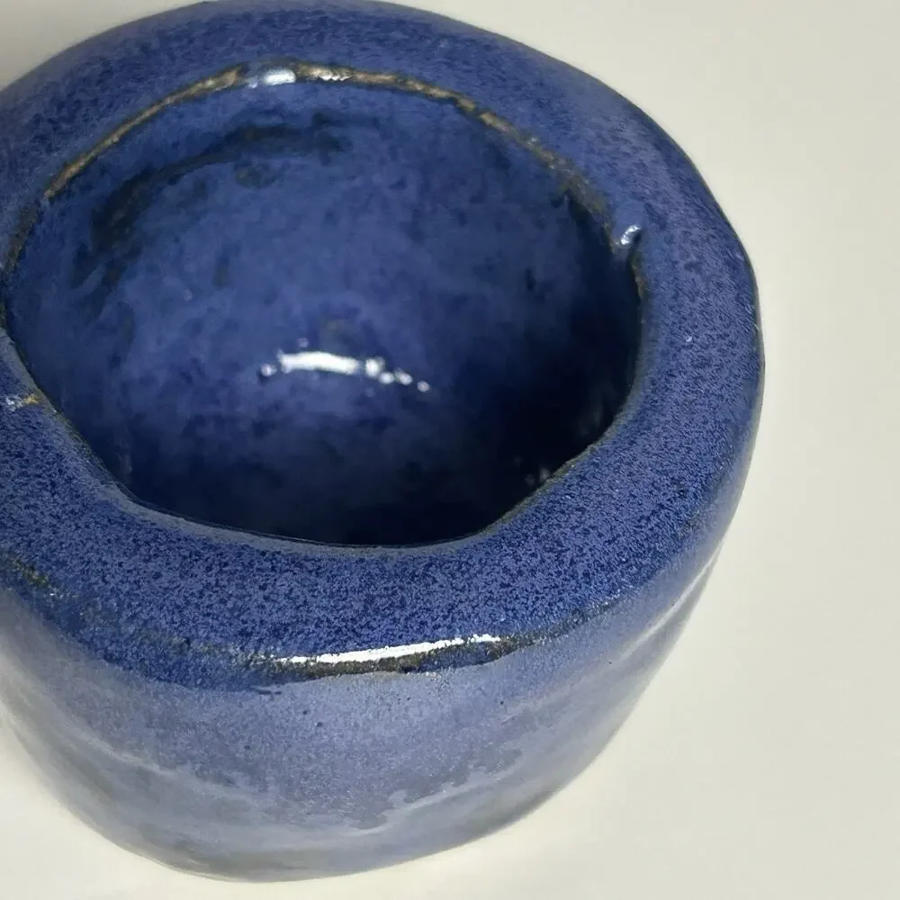 Handmade Studio Pottery Blue Glazed Pinch Bowl Salt Cellar Rustic Ceramic